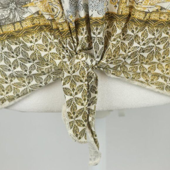 Lucky Brand Women's Medium Yellow Black Split Scoop Neck Tie Hem Cap Sleeve Tee - Picture 7 of 10